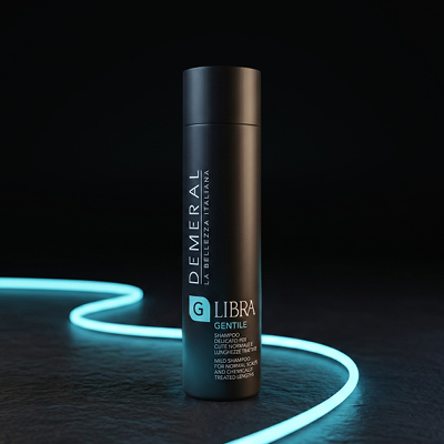 immagine prodotto Libra, flacone nero con elementi azzurri. Poggia su sfondo nero con neon azzurri